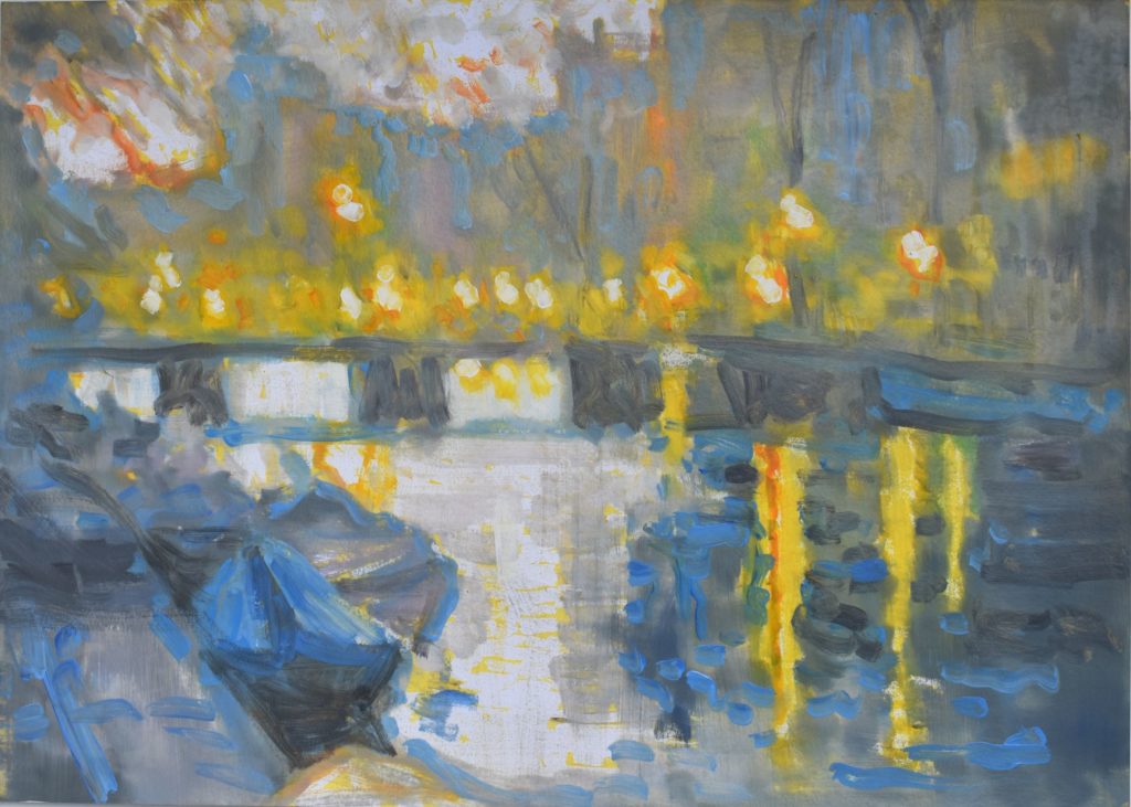 2020, Amsterdam, Dämmerung, Oel, Acryl auf Papier, 50x70cm