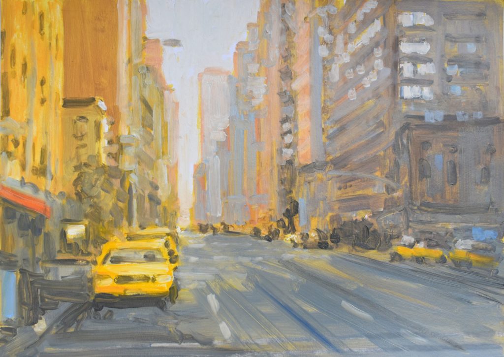 2020, New York, am Morgen, Oel, Acryl auf Papier, 50x70cm